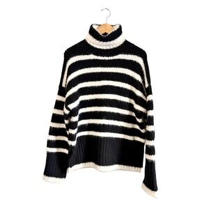 Line The Label Womens Black White Striped Turtleneck Knit Sweater Small Wool Mix